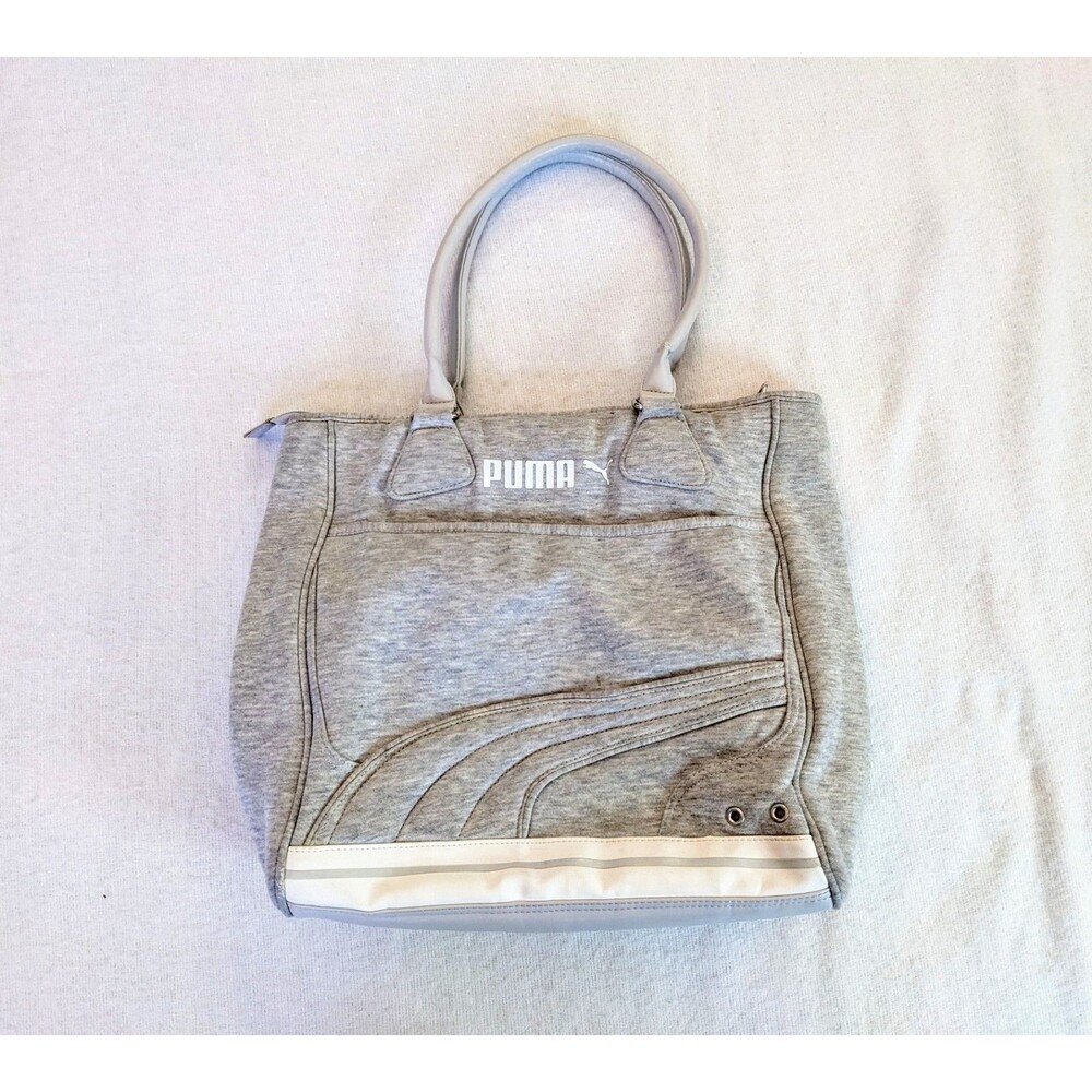 Puma Shoulder Tote Bag Gray w White Accents 16"X13.5" Zip Reinforced Base